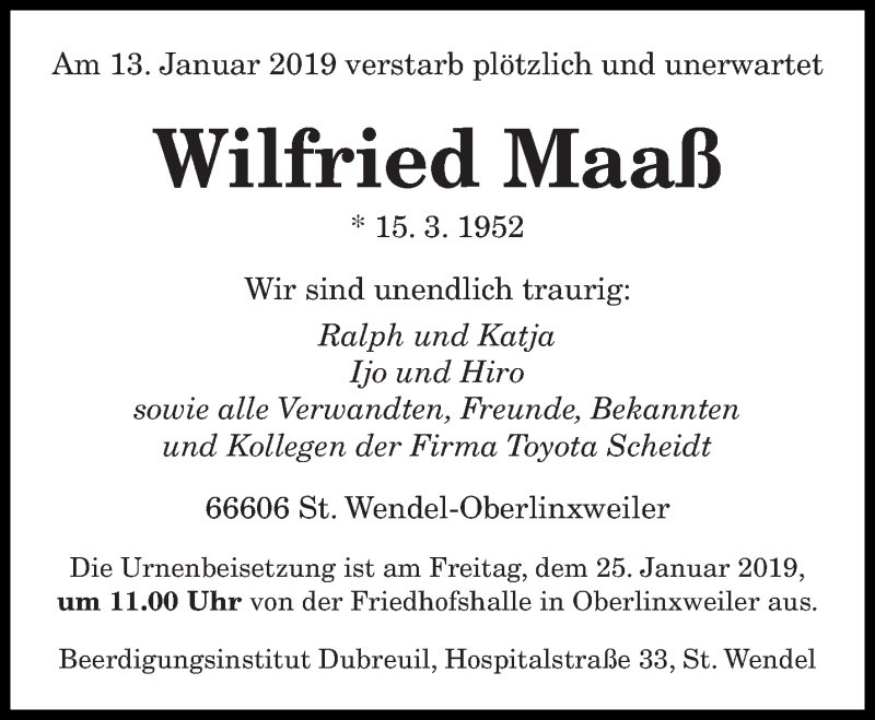  Traueranzeige für Wilfried Maaß vom 24.01.2019 aus saarbruecker_zeitung