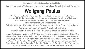 Traueranzeige von Wolfgang Paulus von saarbruecker_zeitung