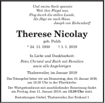 Traueranzeige von Therese Nicolay von SAARBRUECKER_ZEITUNG