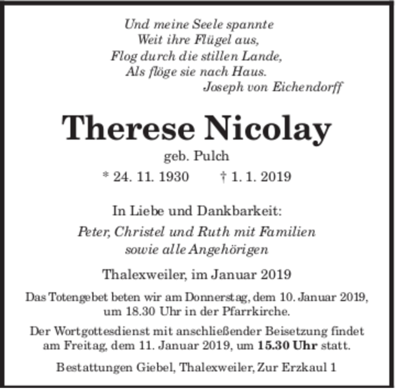  Traueranzeige für Therese Nicolay vom 09.01.2019 aus SAARBRUECKER_ZEITUNG