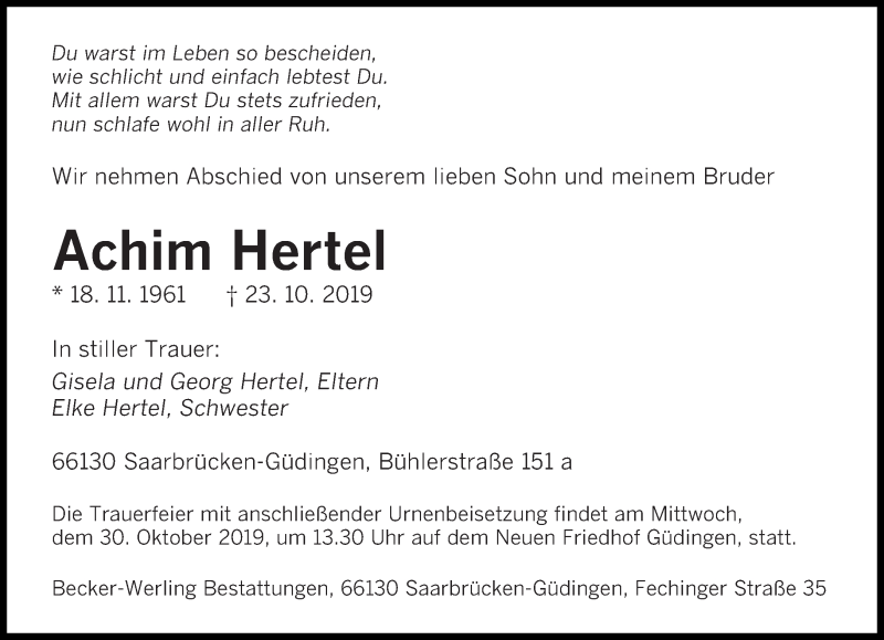  Traueranzeige für Achim Hertel vom 26.10.2019 aus saarbruecker_zeitung