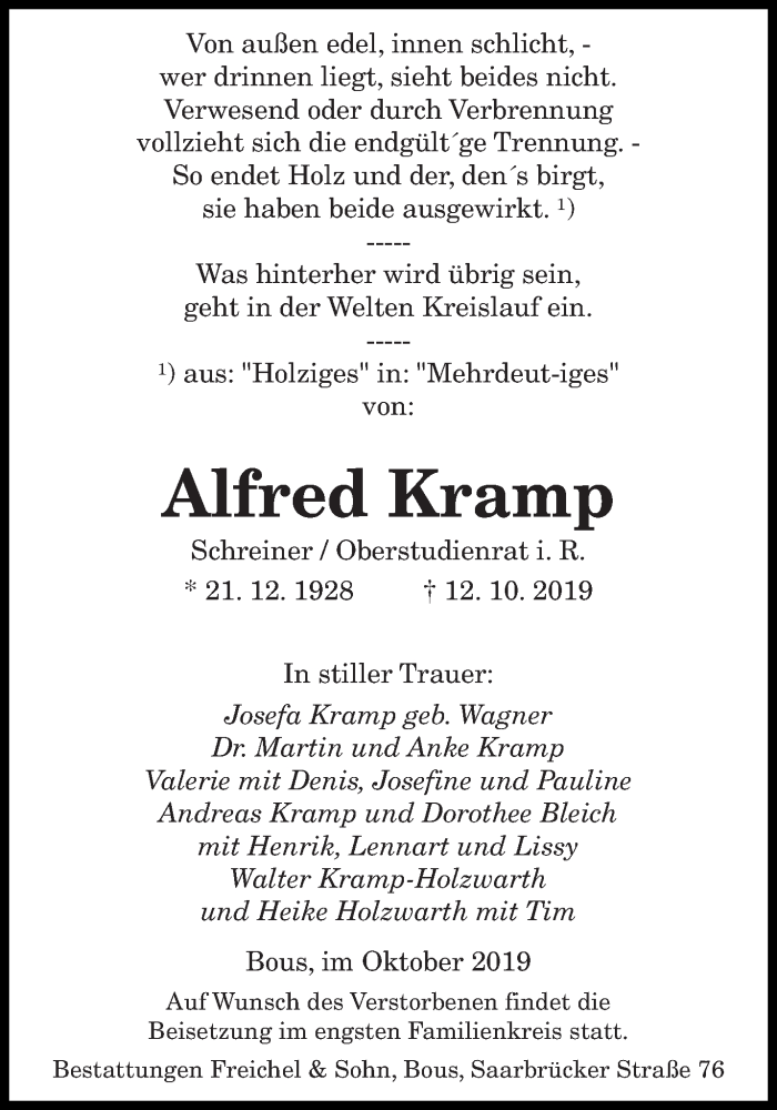  Traueranzeige für Alfred Kramp vom 19.10.2019 aus saarbruecker_zeitung
