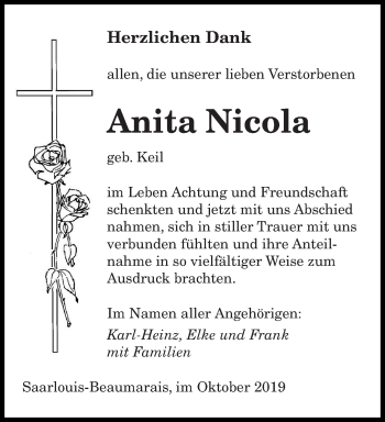 Traueranzeige von Anita Nicola von saarbruecker_zeitung