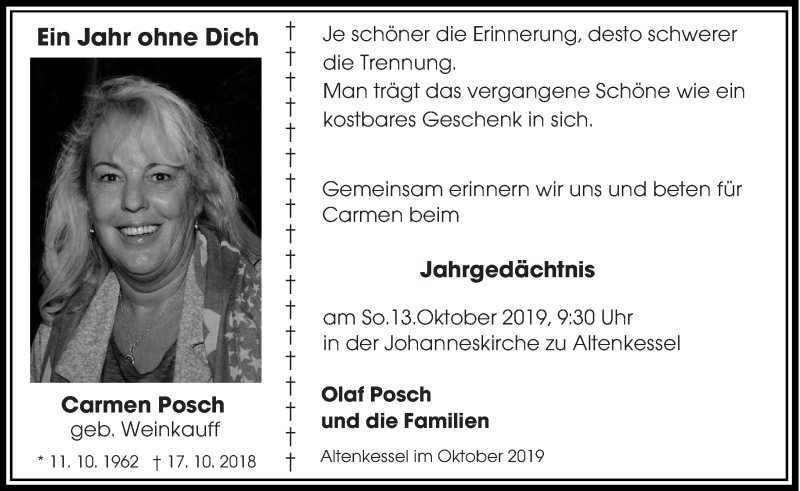  Traueranzeige für Carmen Posch vom 12.10.2019 aus saarbruecker_zeitung