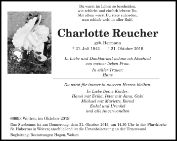 Traueranzeige von Charlotte Reucher von saarbruecker_zeitung