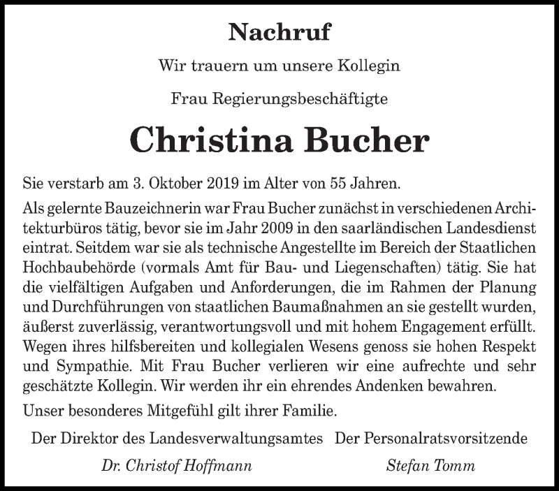  Traueranzeige für Christina Bucher vom 14.10.2019 aus saarbruecker_zeitung