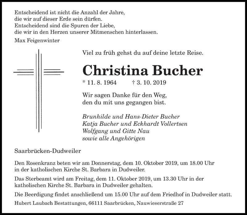  Traueranzeige für Christina Bucher vom 09.10.2019 aus saarbruecker_zeitung