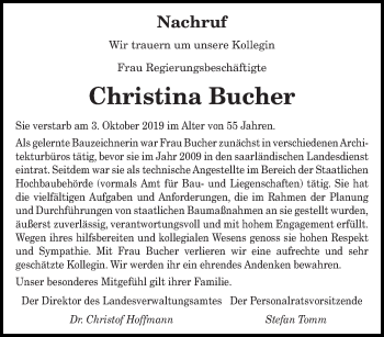 Traueranzeige von Christina Bucher von saarbruecker_zeitung