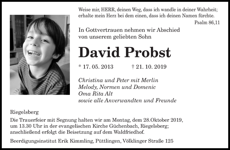  Traueranzeige für David Probst vom 26.10.2019 aus saarbruecker_zeitung