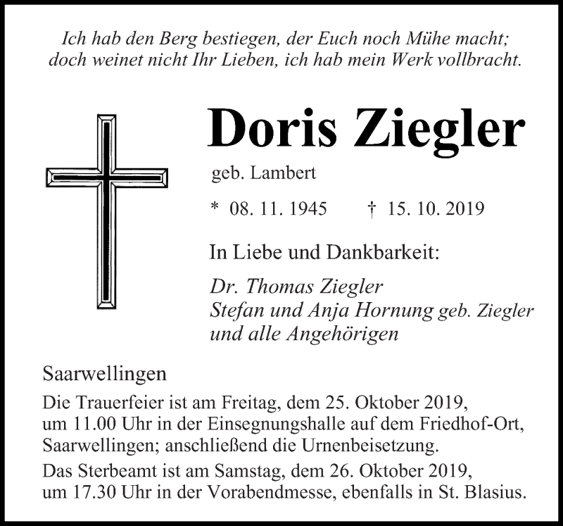  Traueranzeige für Doris Ziegler vom 21.10.2019 aus saarbruecker_zeitung