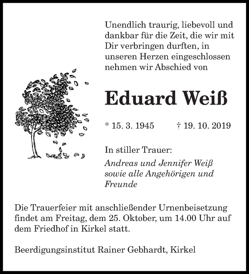 Traueranzeige für Eduard Weiß vom 23.10.2019 aus saarbruecker_zeitung