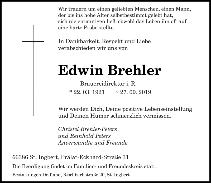 Traueranzeige für Edwin Brehler vom 02.10.2019 aus saarbruecker_zeitung