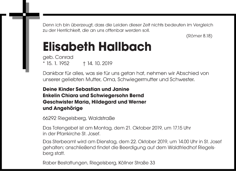  Traueranzeige für Elisabeth Hallbach vom 17.10.2019 aus saarbruecker_zeitung