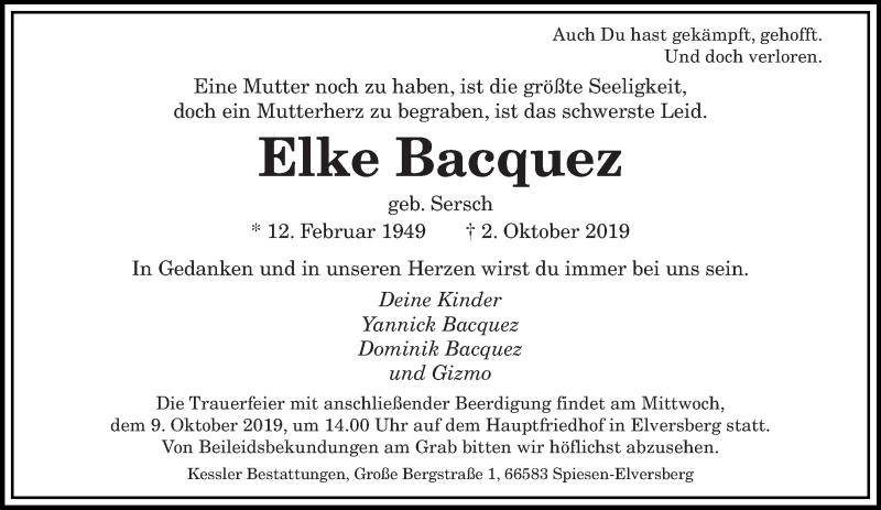  Traueranzeige für Elke Bacquez vom 07.10.2019 aus saarbruecker_zeitung