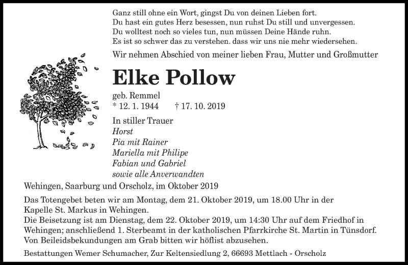  Traueranzeige für Elke Pollow vom 19.10.2019 aus saarbruecker_zeitung