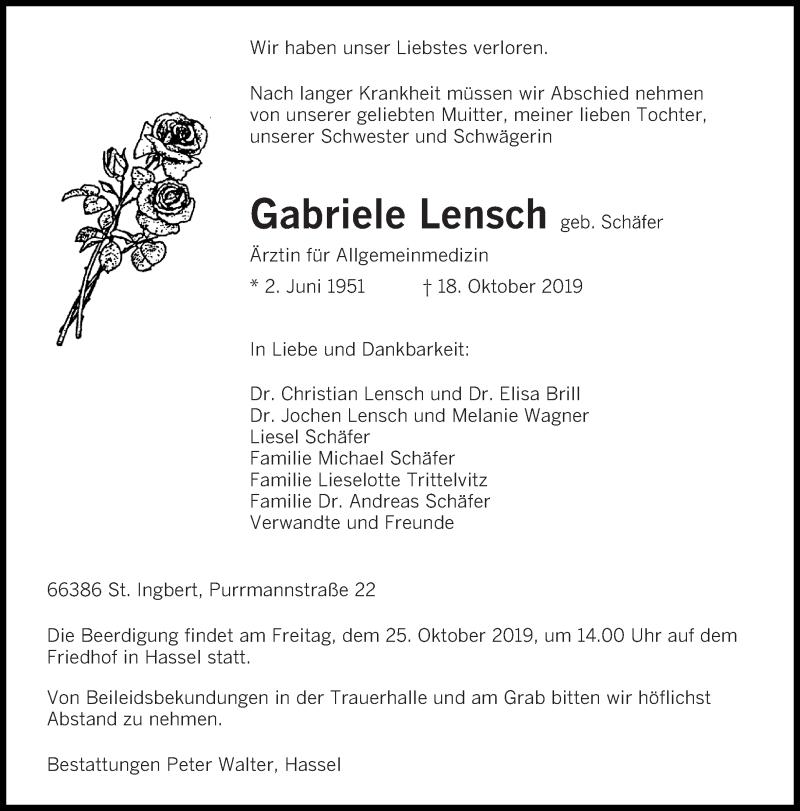  Traueranzeige für Gabriele Lensch vom 19.10.2019 aus saarbruecker_zeitung