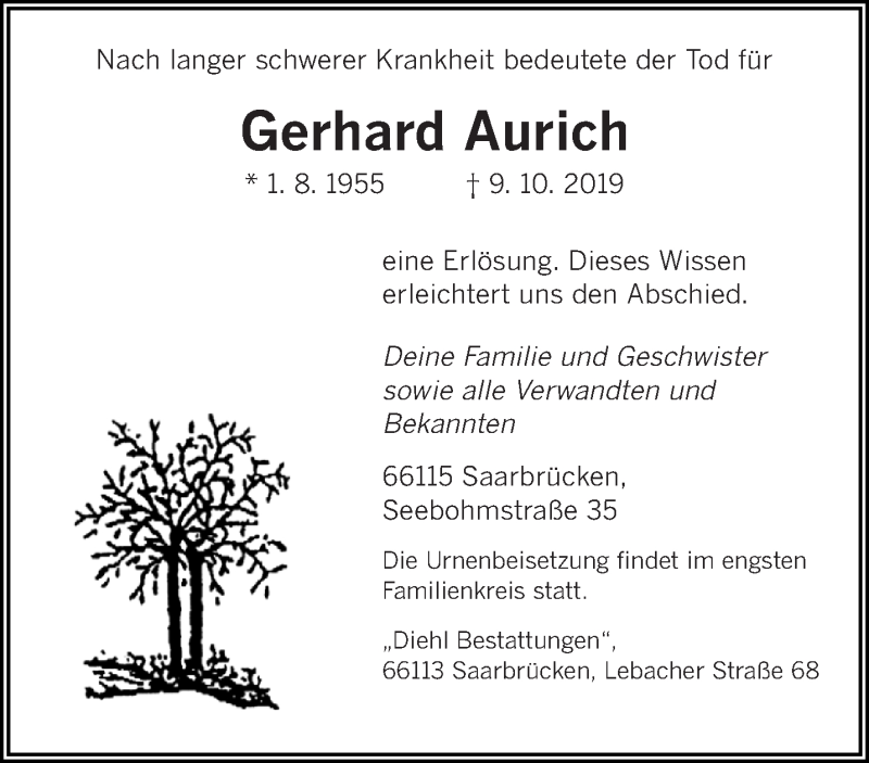  Traueranzeige für Gerhard Aurich vom 12.10.2019 aus saarbruecker_zeitung
