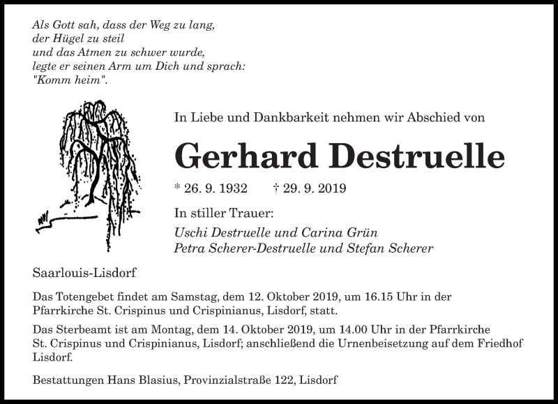  Traueranzeige für Gerhard Destruelle vom 09.10.2019 aus saarbruecker_zeitung