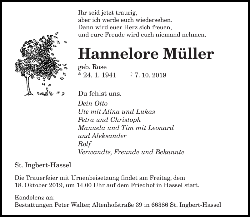  Traueranzeige für Hannelore Müller vom 12.10.2019 aus saarbruecker_zeitung