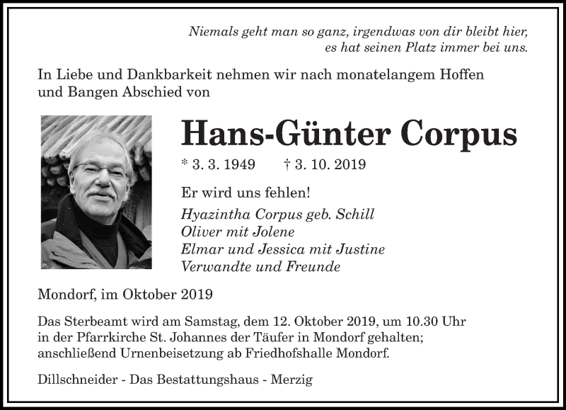  Traueranzeige für Hans-Günter Corpus vom 08.10.2019 aus saarbruecker_zeitung