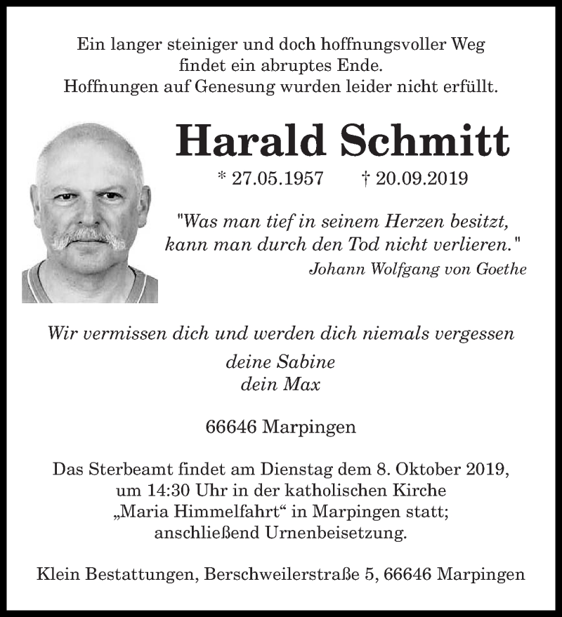  Traueranzeige für Harald Schmitt vom 05.10.2019 aus saarbruecker_zeitung