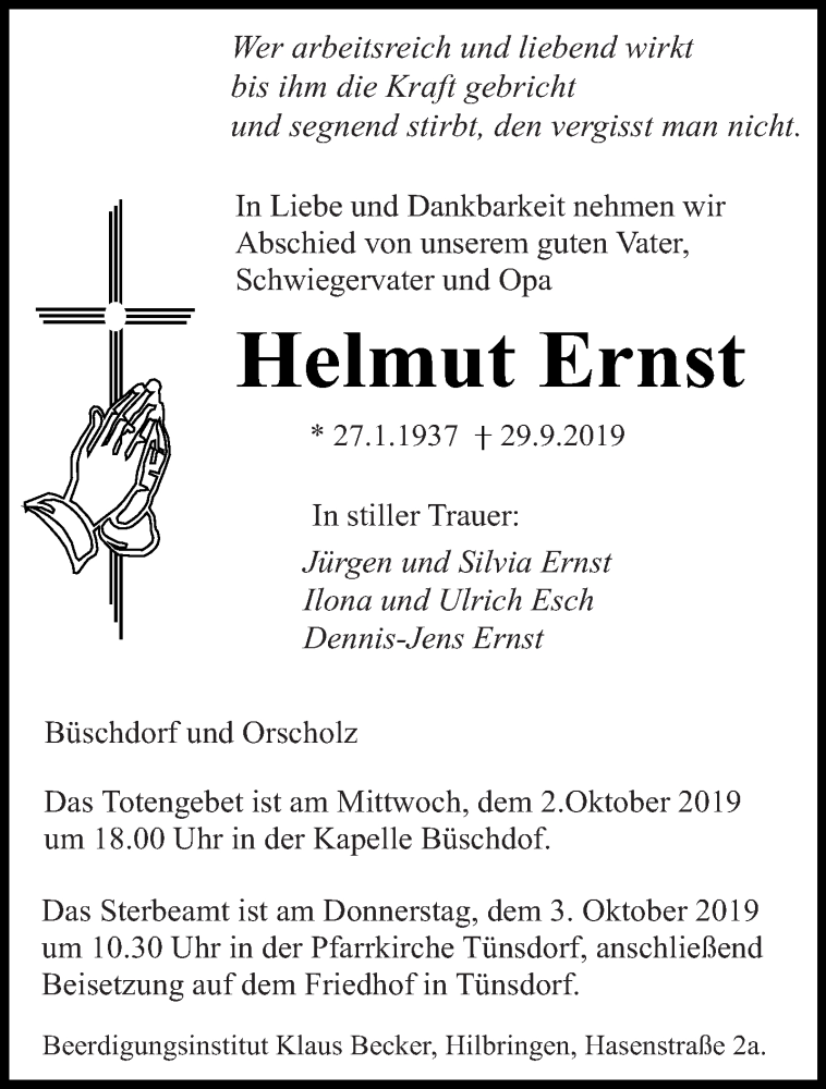  Traueranzeige für Helmut Ernst vom 01.10.2019 aus saarbruecker_zeitung