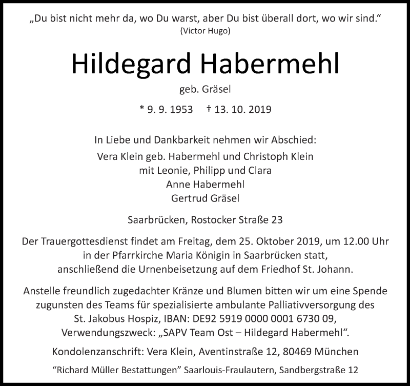  Traueranzeige für Hildegard Habermehl vom 19.10.2019 aus saarbruecker_zeitung