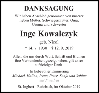 Traueranzeige von Inge Kowalczyk von saarbruecker_zeitung