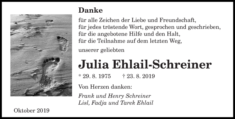  Traueranzeige für Julia Ehlail-Schreiner vom 12.10.2019 aus saarbruecker_zeitung