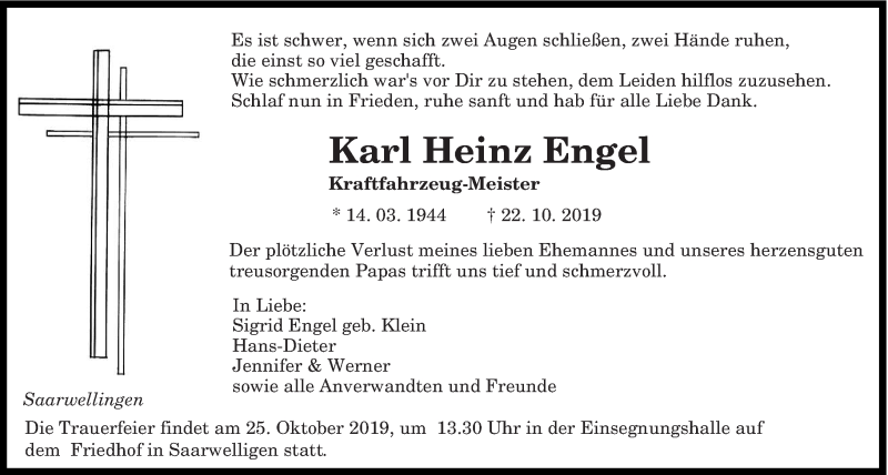  Traueranzeige für Karl Heinz Engel vom 25.10.2019 aus saarbruecker_zeitung
