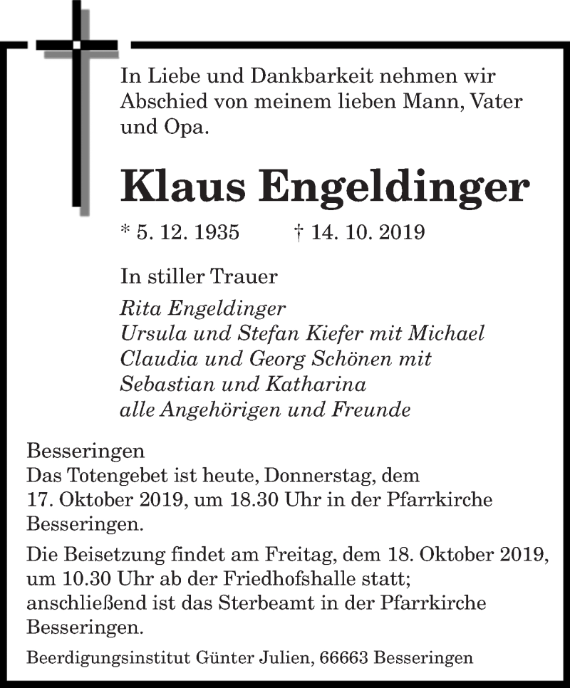  Traueranzeige für Klaus Engeldinger vom 17.10.2019 aus saarbruecker_zeitung