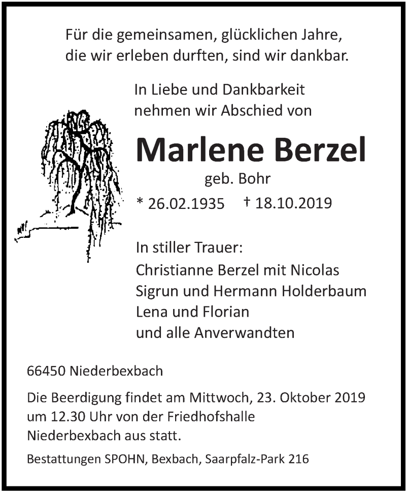  Traueranzeige für Marlene Berzel vom 21.10.2019 aus saarbruecker_zeitung