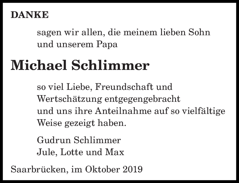  Traueranzeige für Michael Schlimmer vom 12.10.2019 aus saarbruecker_zeitung