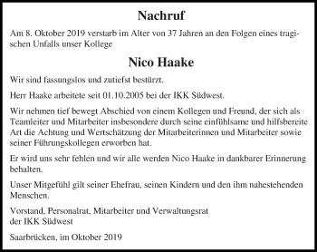 Traueranzeige von Nico Haake von saarbruecker_zeitung