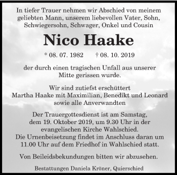 Traueranzeige von Nico Haake von saarbruecker_zeitung