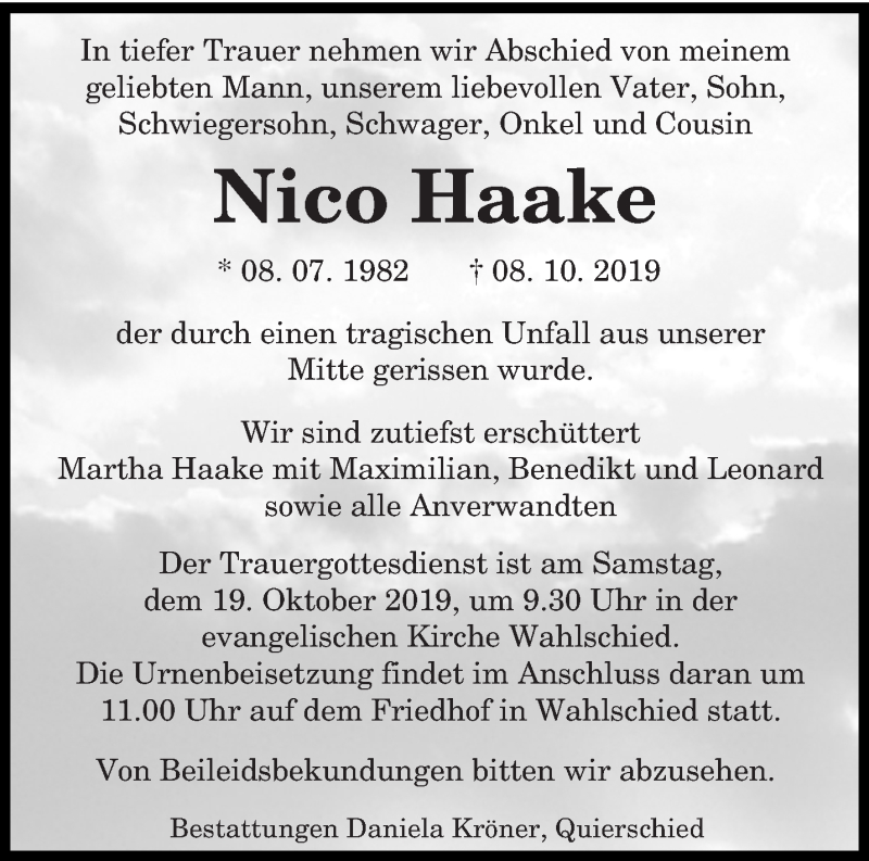  Traueranzeige für Nico Haake vom 16.10.2019 aus saarbruecker_zeitung