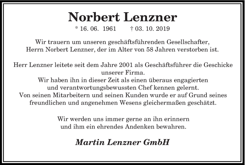  Traueranzeige für Norbert Lenzner vom 12.10.2019 aus saarbruecker_zeitung