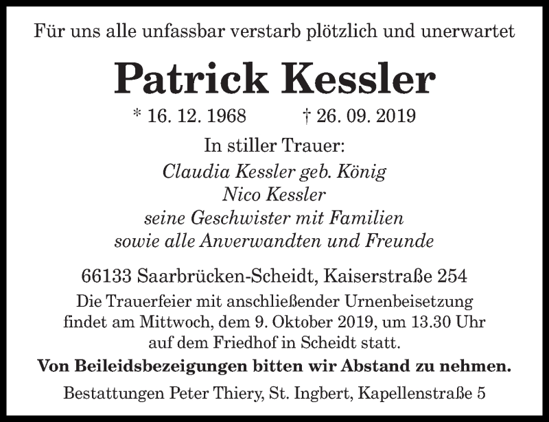  Traueranzeige für Patrick Kessler vom 04.10.2019 aus saarbruecker_zeitung