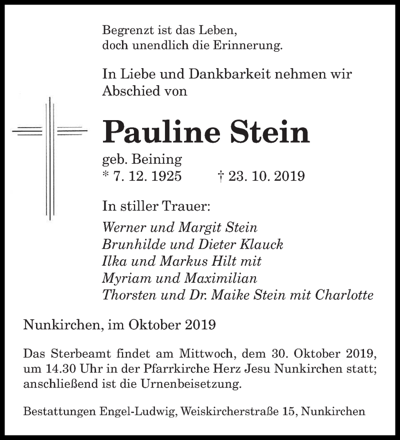 Traueranzeige für Pauline Stein vom 26.10.2019 aus saarbruecker_zeitung