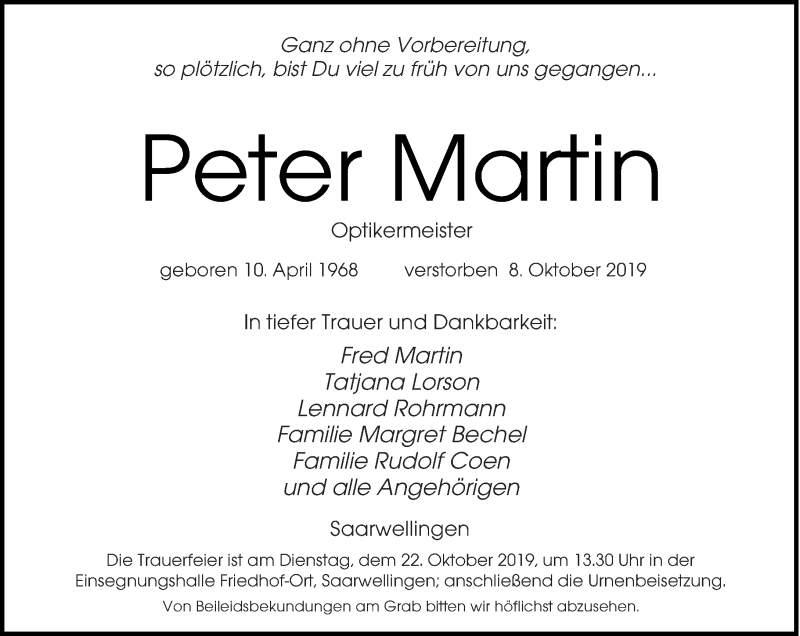 Traueranzeige für Peter Martin vom 19.10.2019 aus saarbruecker_zeitung