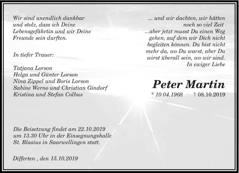 Traueranzeige für Peter Martin vom 19.10.2019 aus saarbruecker_zeitung