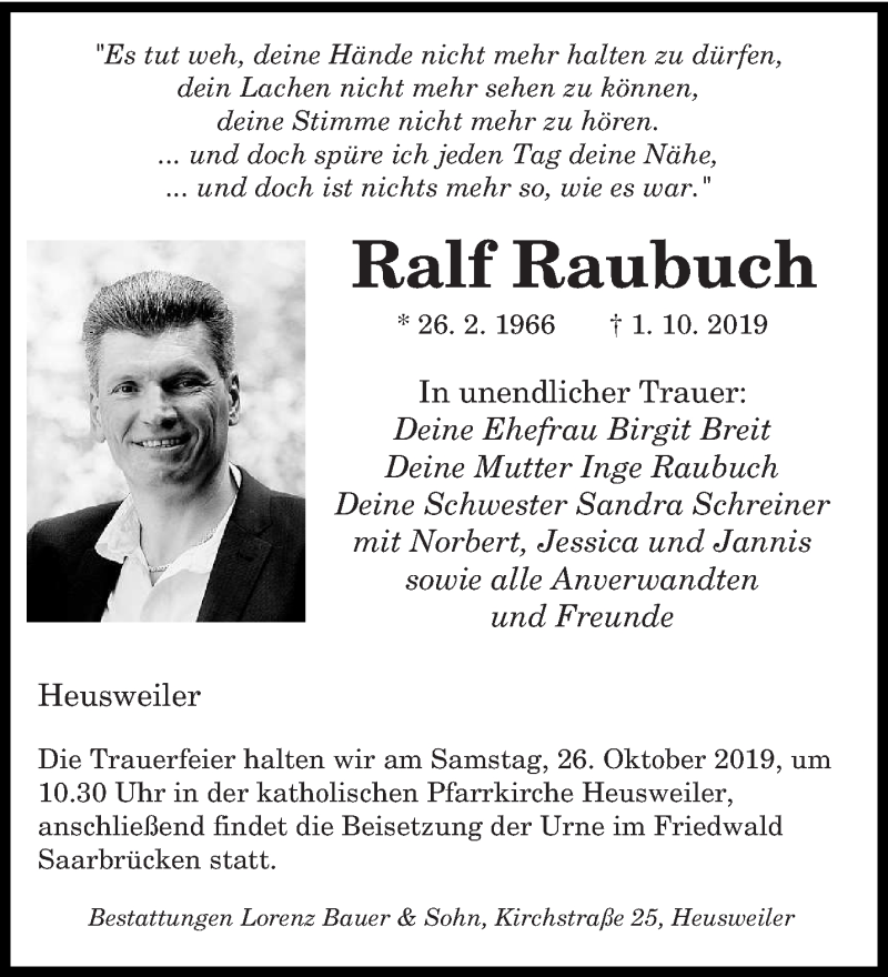 Traueranzeige für Ralf Raubuch vom 12.10.2019 aus saarbruecker_zeitung