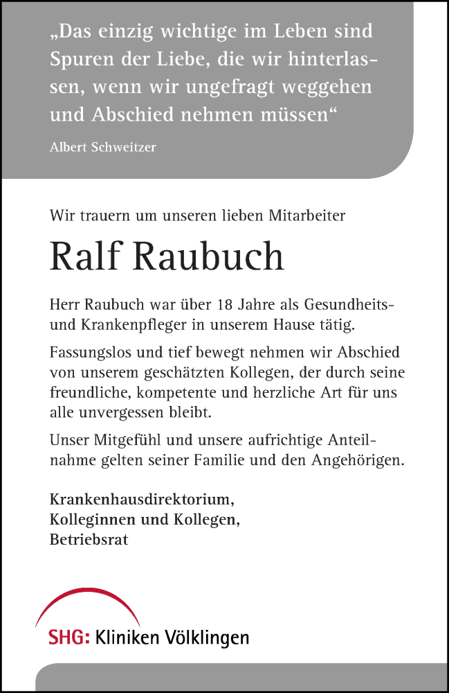  Traueranzeige für Ralf Raubuch vom 12.10.2019 aus saarbruecker_zeitung