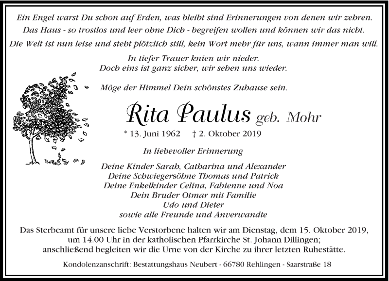  Traueranzeige für Rita Paulus vom 09.10.2019 aus saarbruecker_zeitung
