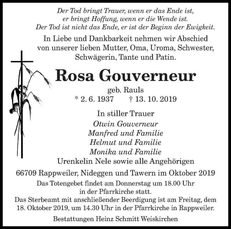  Traueranzeige für Rosa Gouverneur vom 16.10.2019 aus saarbruecker_zeitung