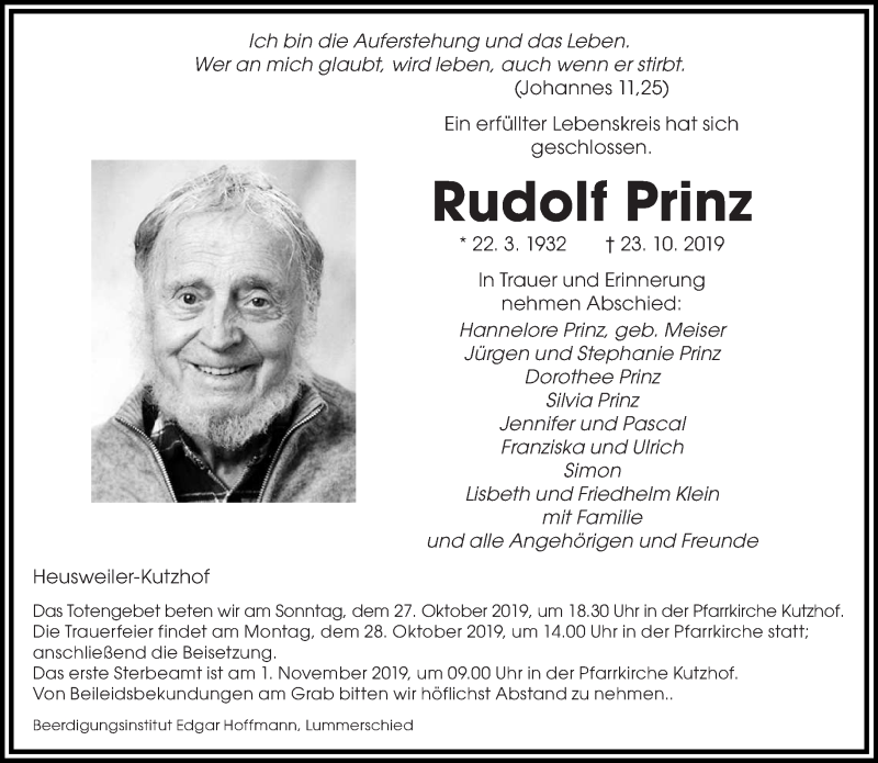  Traueranzeige für Rudolf Prinz vom 26.10.2019 aus saarbruecker_zeitung