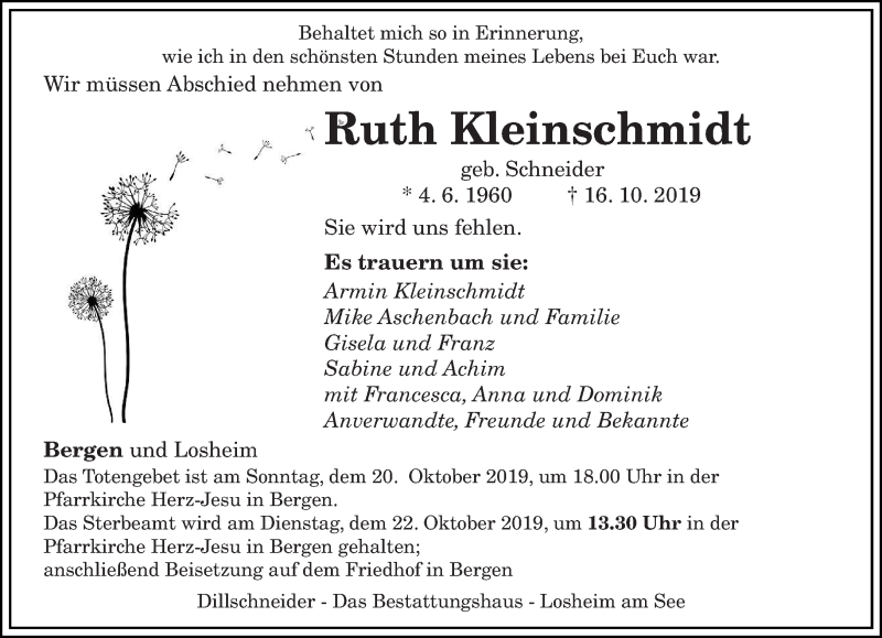  Traueranzeige für Ruth Kleinschmidt vom 19.10.2019 aus saarbruecker_zeitung