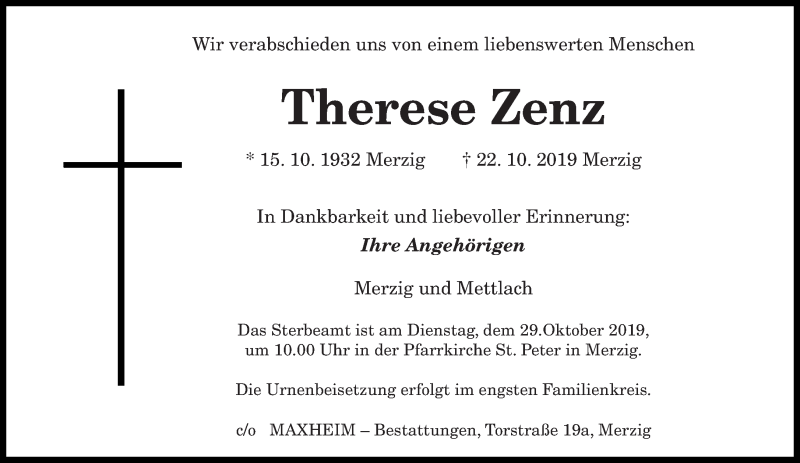  Traueranzeige für Therese Zenz vom 24.10.2019 aus saarbruecker_zeitung