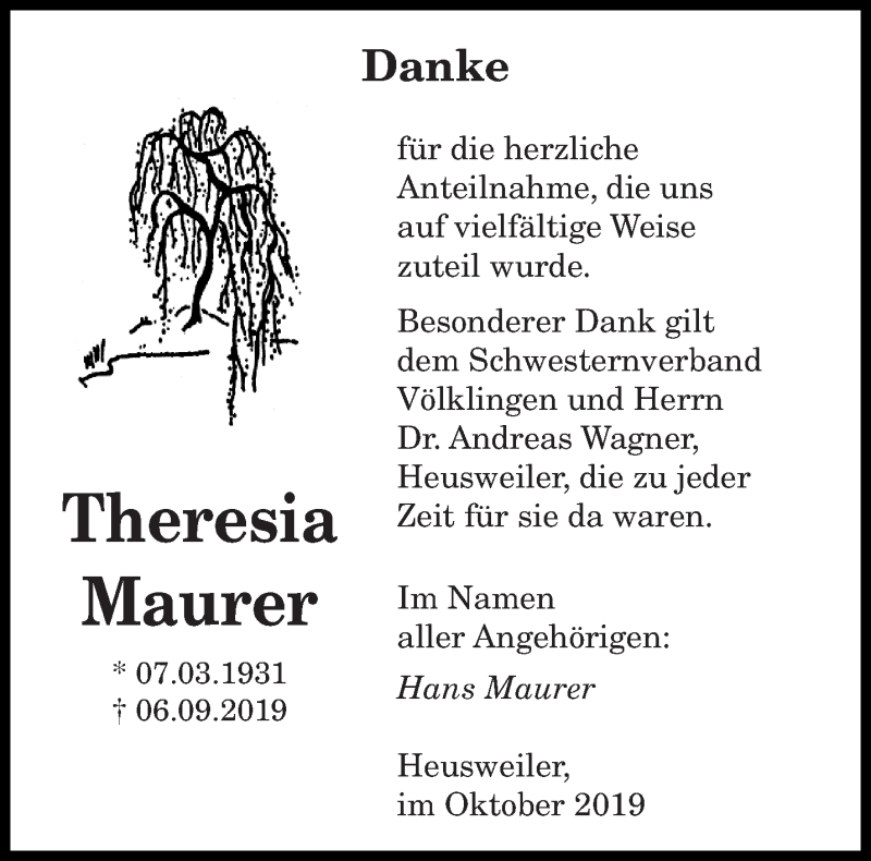  Traueranzeige für Theresia Maurer vom 07.10.2019 aus saarbruecker_zeitung