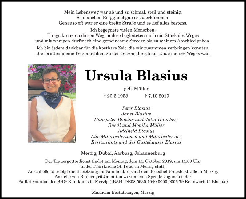  Traueranzeige für Ursula Blasius vom 10.10.2019 aus saarbruecker_zeitung